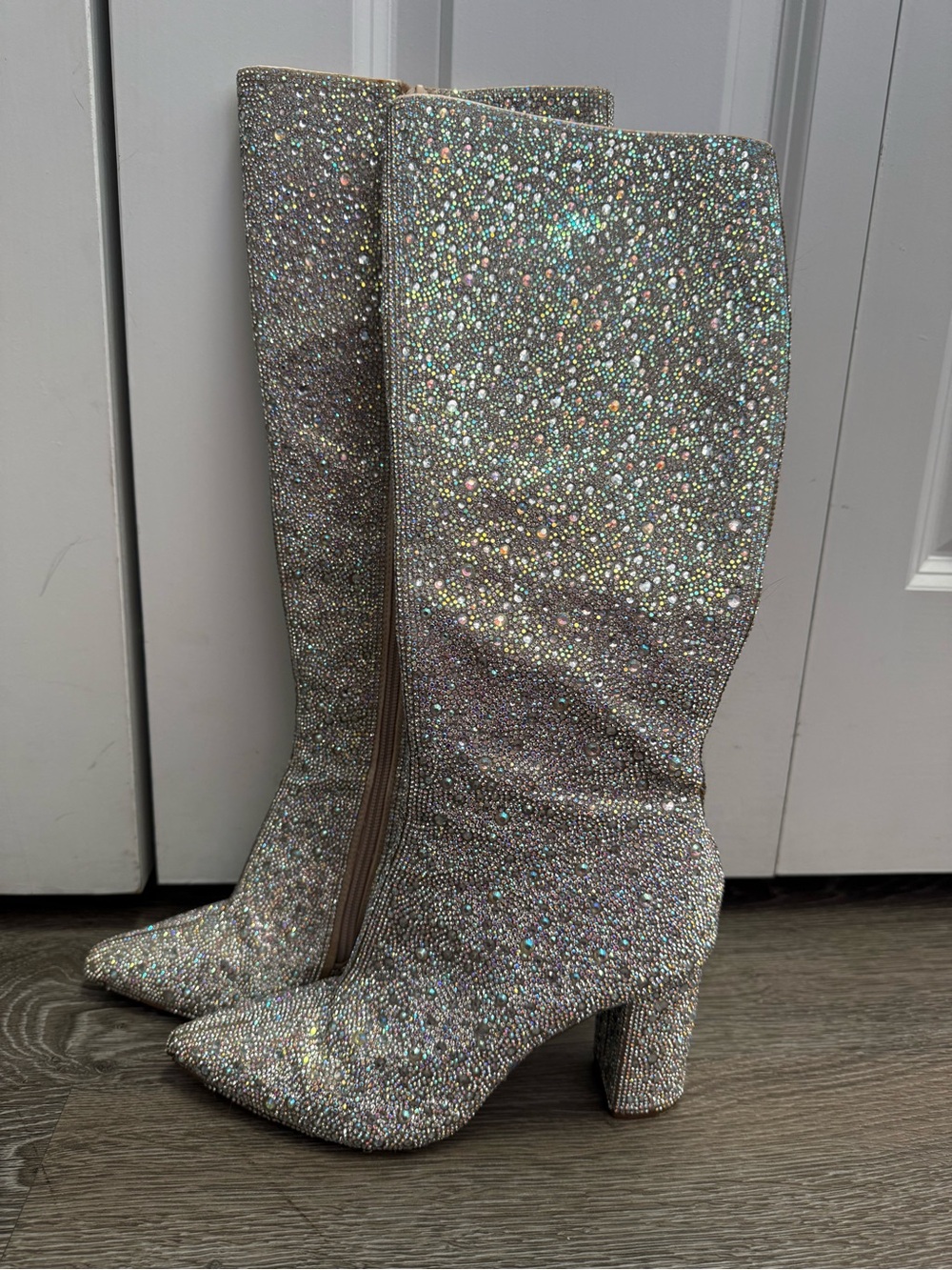 Betsey Johnson Silver Iridescent Glitter Mid-Calf Heeled Boots